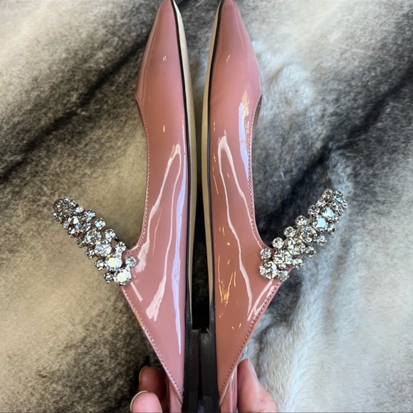 Jimmy Choo Bing Embellished Strap Point Toe Blush Patent Leather Pump Flats - Picture 4 of 10